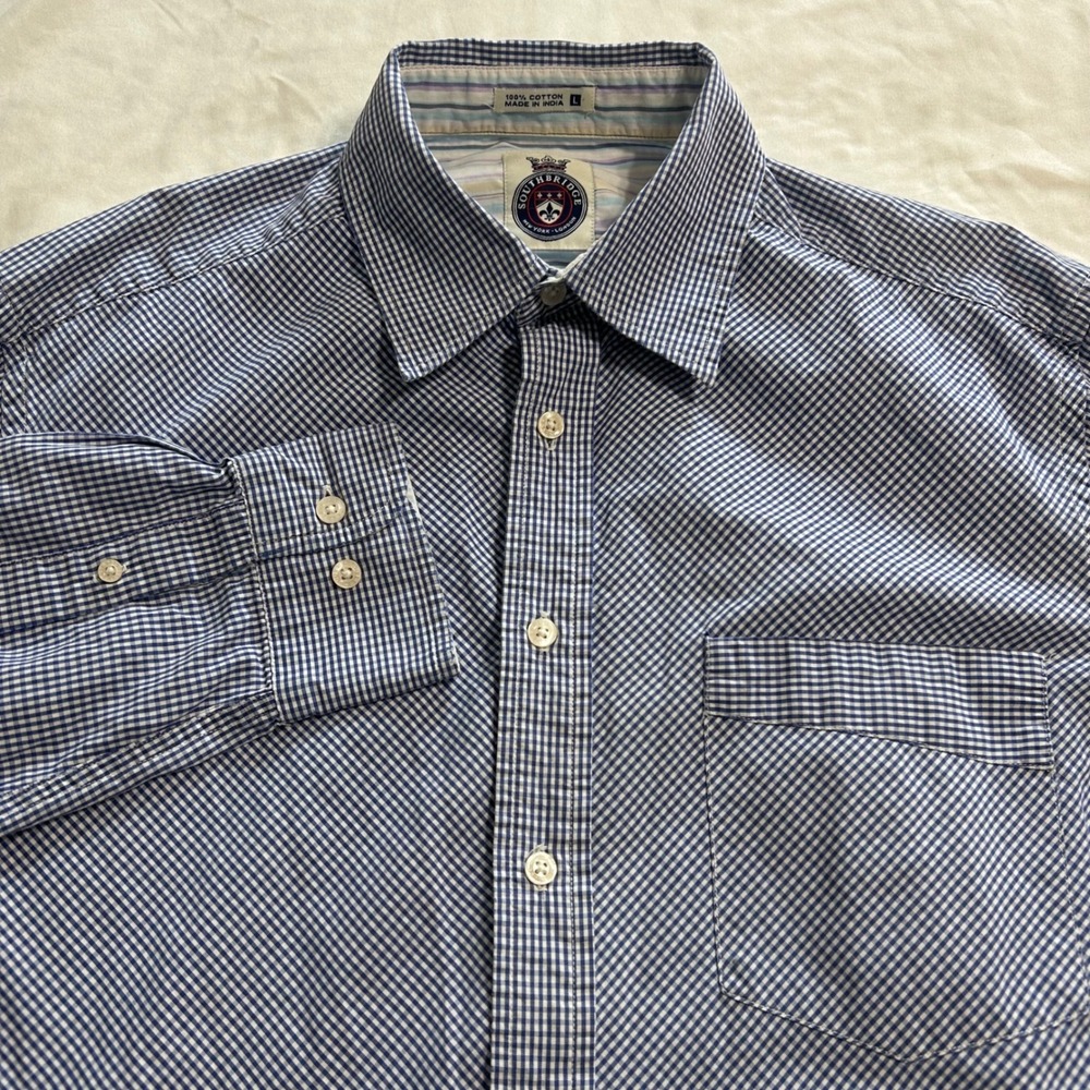 Southbridge Mens Blue White Gingham Check Cotton Button Down Shirt Large